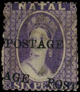 1876 6d violet with seriffed POSTAGE overprint double, lightly used, fine and rare.  SG 83a,...