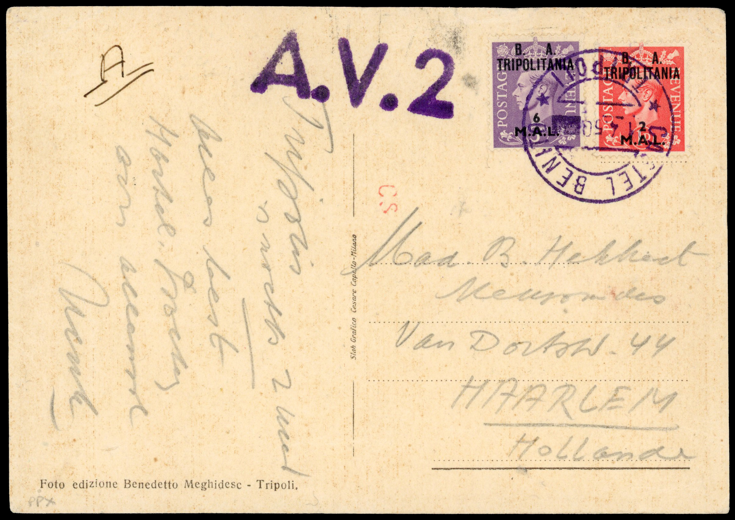 BOFIC TRIPOLITANIA: 1950 ppc to Holland franked 1d and 3d tied ‘CASTEL BENITO/TRIPOLI/1 4 50’ cds