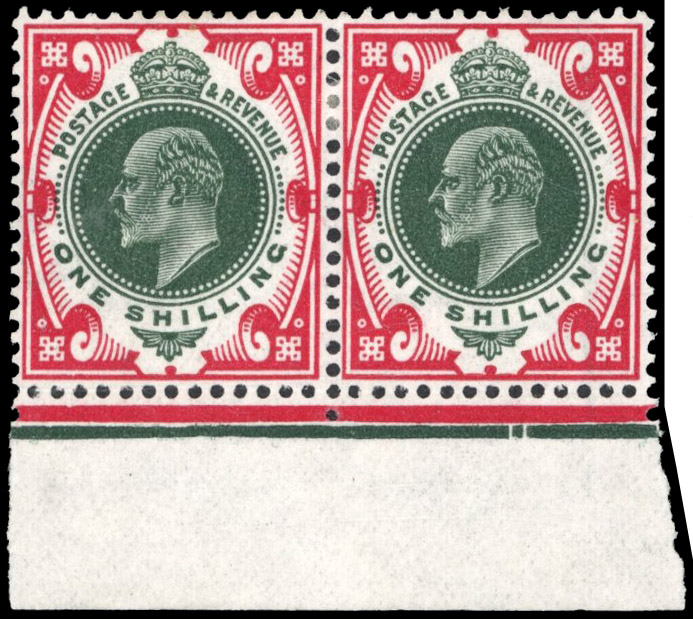 GB 1911-13 1s green and carmine pair with date cuts, mint 