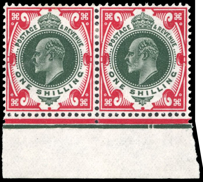 GB 1911-13 1s green and carmine pair with date cuts, mint 