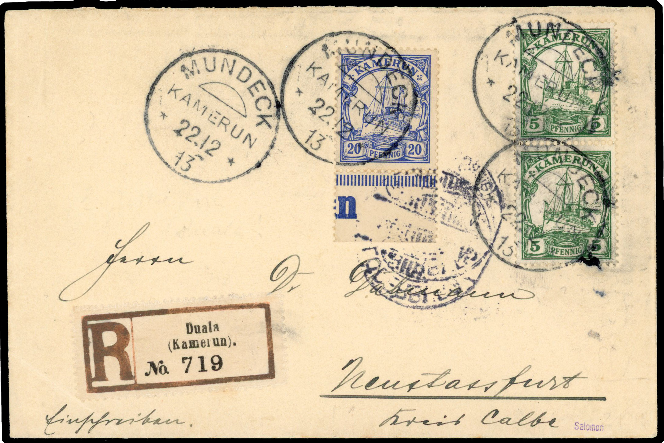1913 attractive registered cover to Germany with 5pf pair and 20pf tied by ‘MUNDECK/KAMERUN/22/12/13’ cds's,