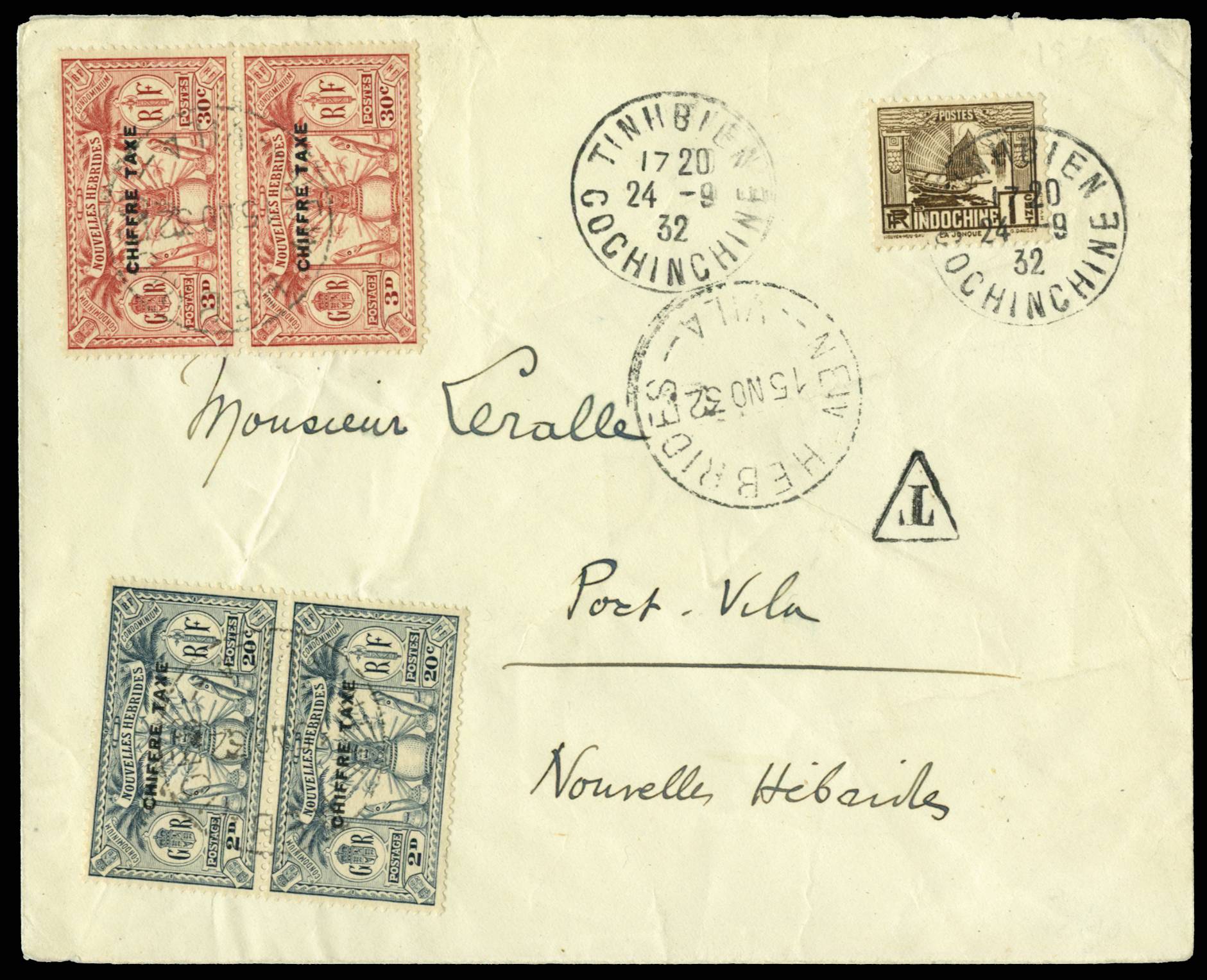 NEW HEBRIDES SG FD54/5 1932 INCOMING COVER FROM INDOCHINA