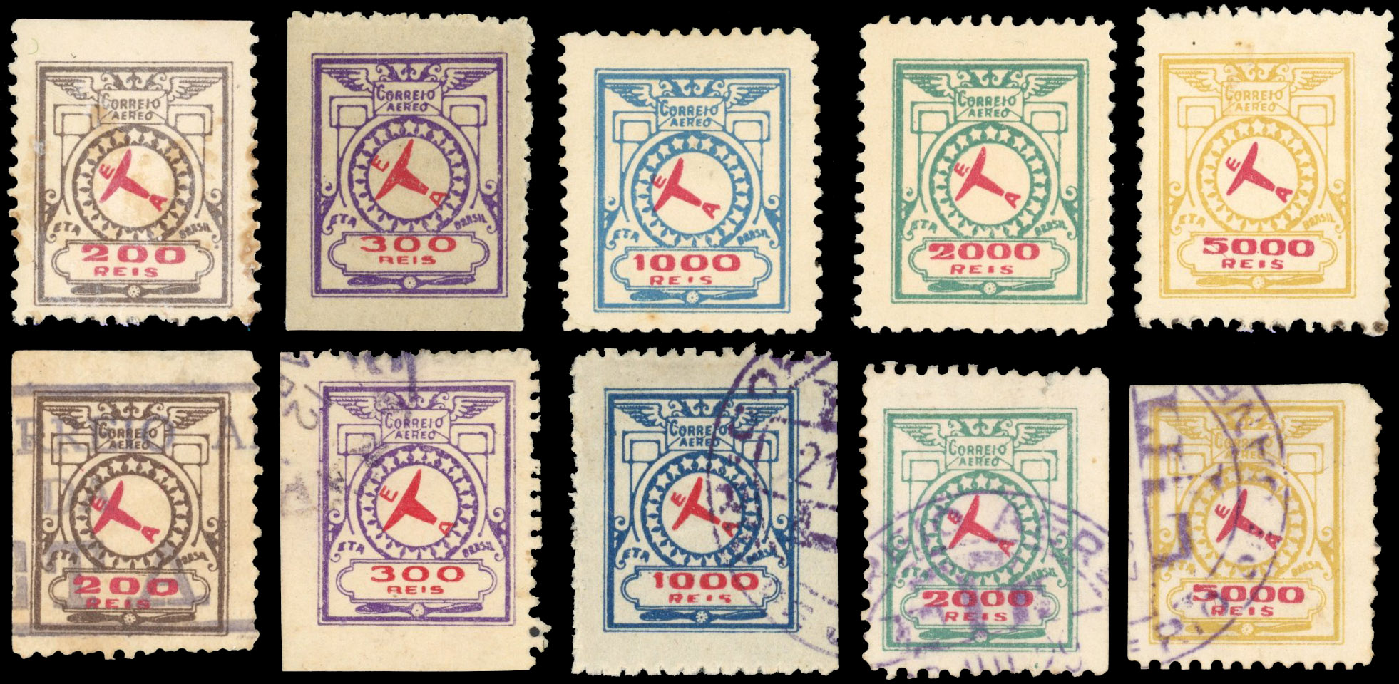 Brazil airmails 1929 Private company E.T.A. thick paper set part o.g. and used