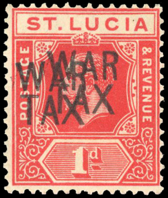 St Lucia 1916 War Tax 1d scarlet overprint double