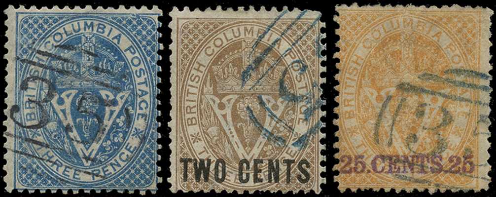 1865 3d deep blue, and perf 14 2c and 25c...