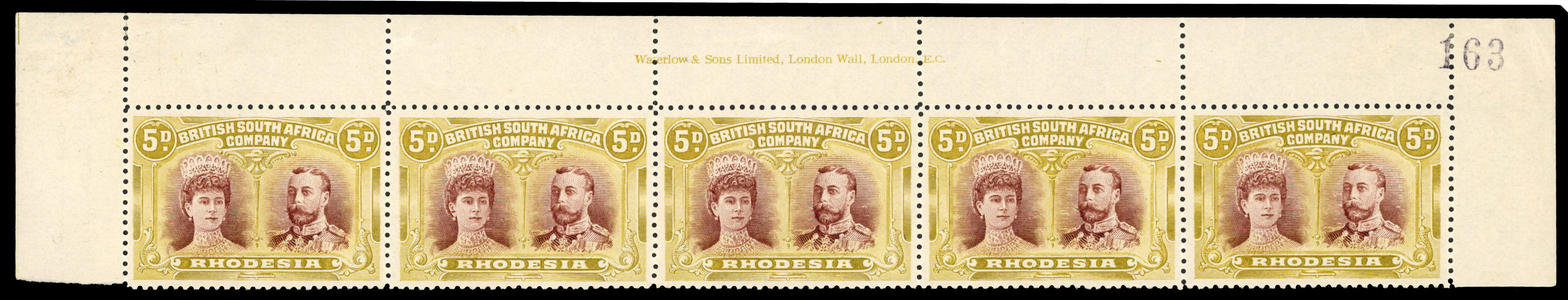 Rhodesia 1910-13 5d purple-brown and olive-yellow perf 14