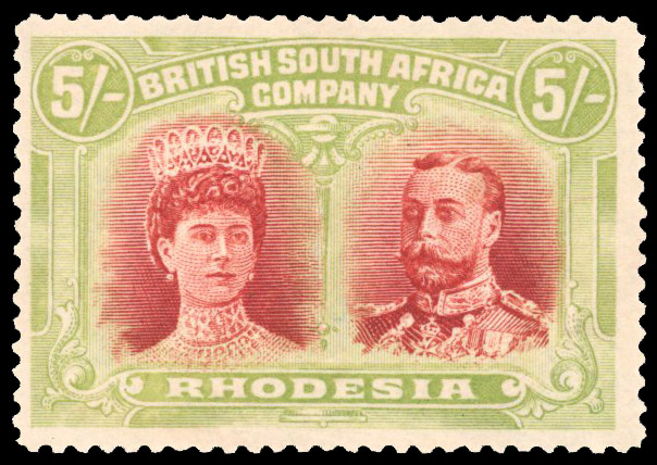 Rhodesia 1910-13 5s deep carmine-red and yellow-green perf 14