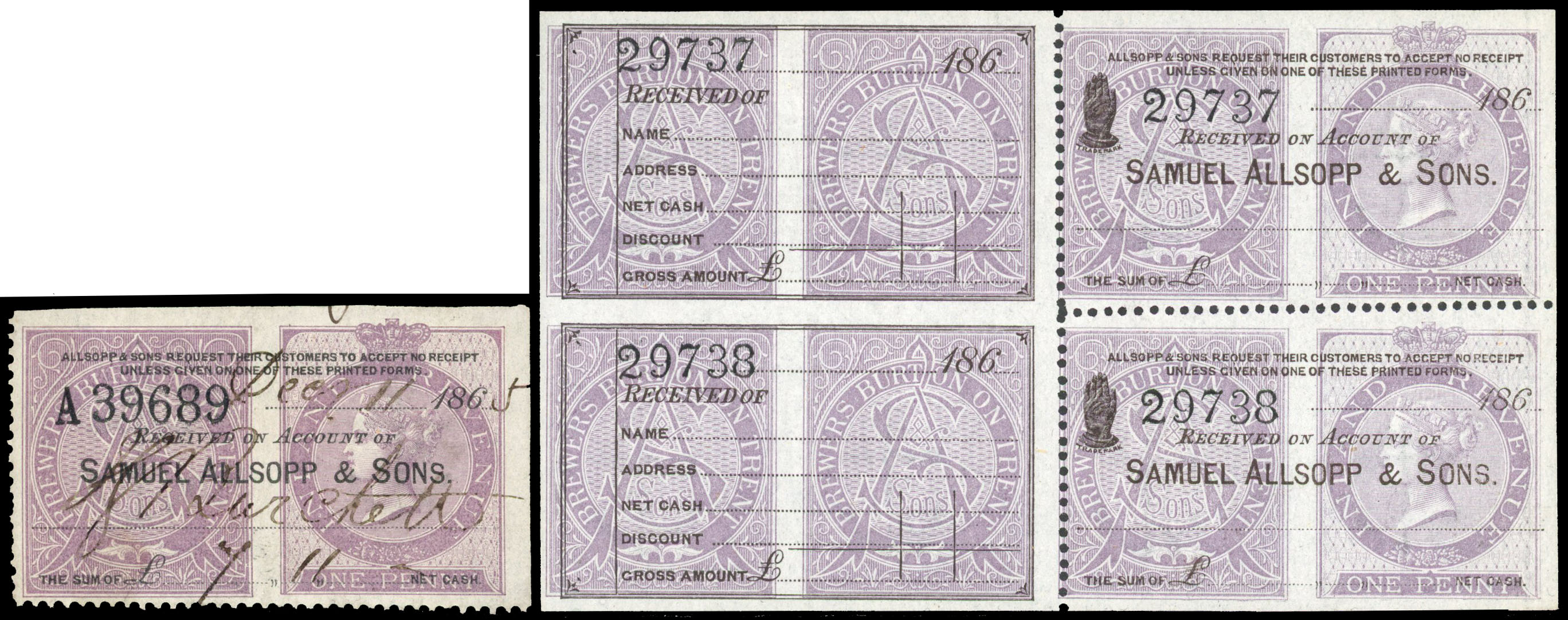 Receipt: 1863 1d Samuel Allsopp & Sons Labels counterfoil pane