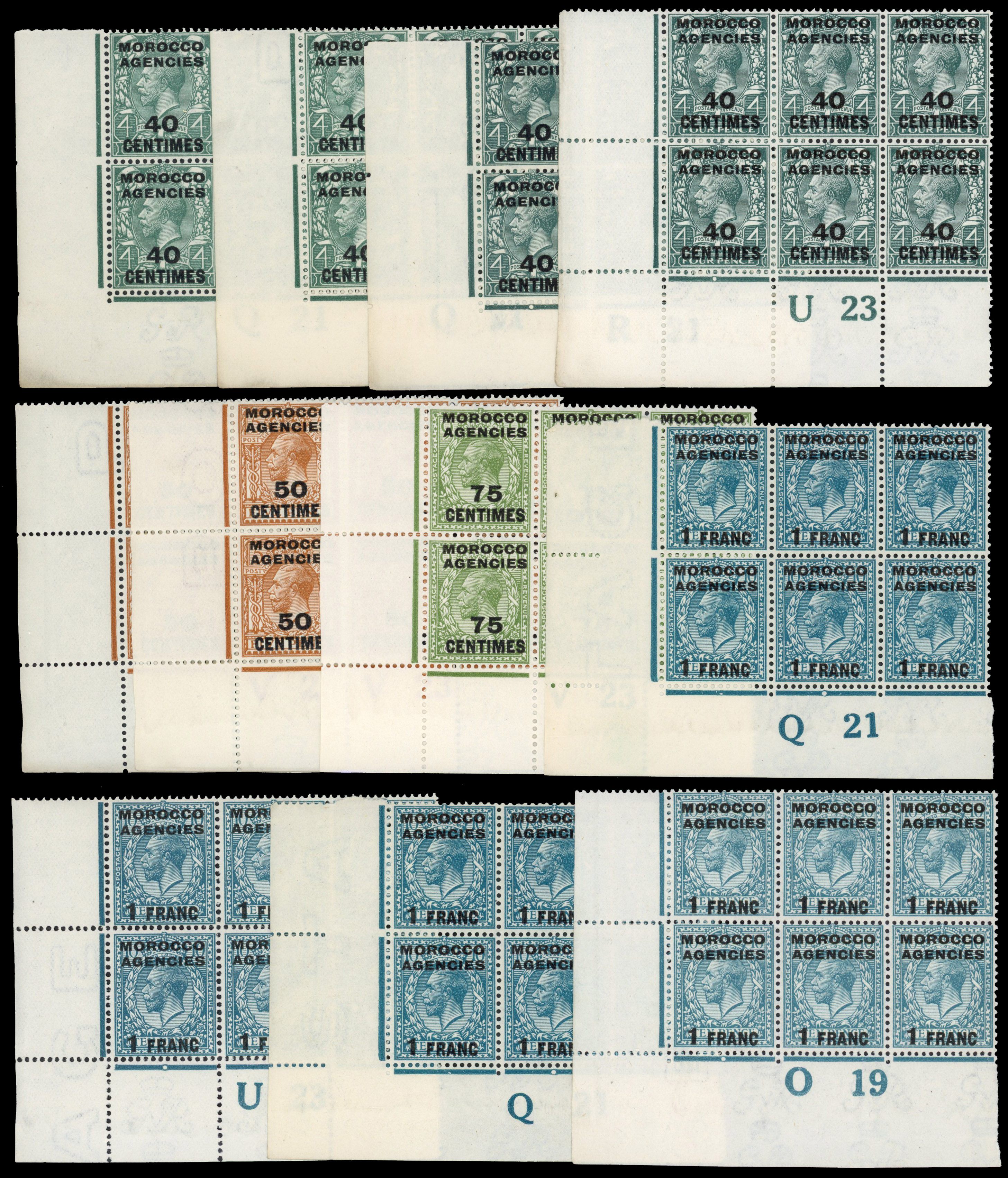 MOROCCO AGENCIES: 1914-16 French and Spanish currency range of watermark Simple Cypher control blocks of 6, mainly fine. (51)