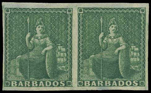 BARBADOS SG 2 1852-55 (½d) DEEP GREEN BLUED PAPER PAIR LPOG