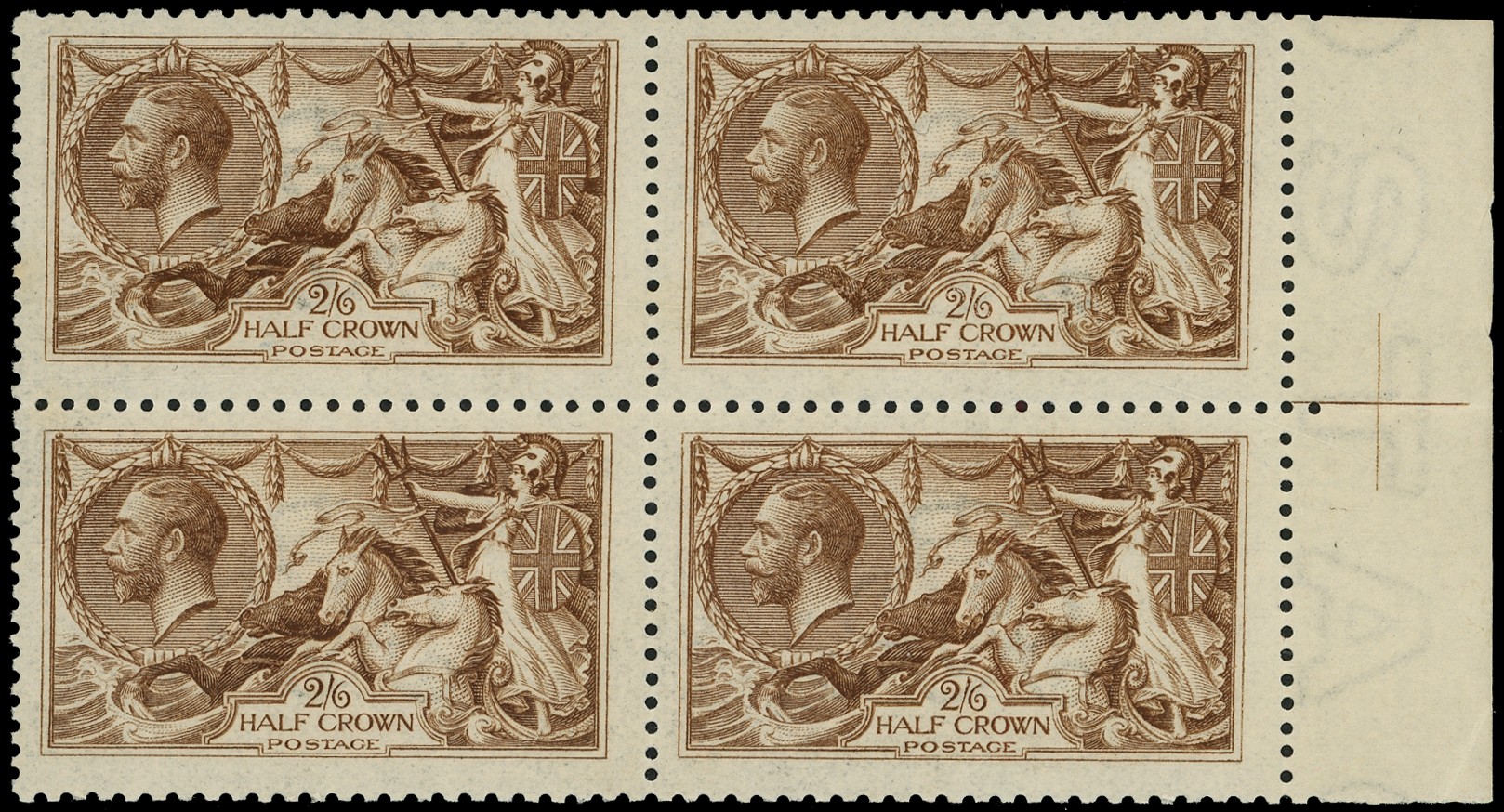 Great Britain 1915 2s6d Yellow brown. Exceptionally fresh unmounted o.g. perfectly centred right hand marginal block of...