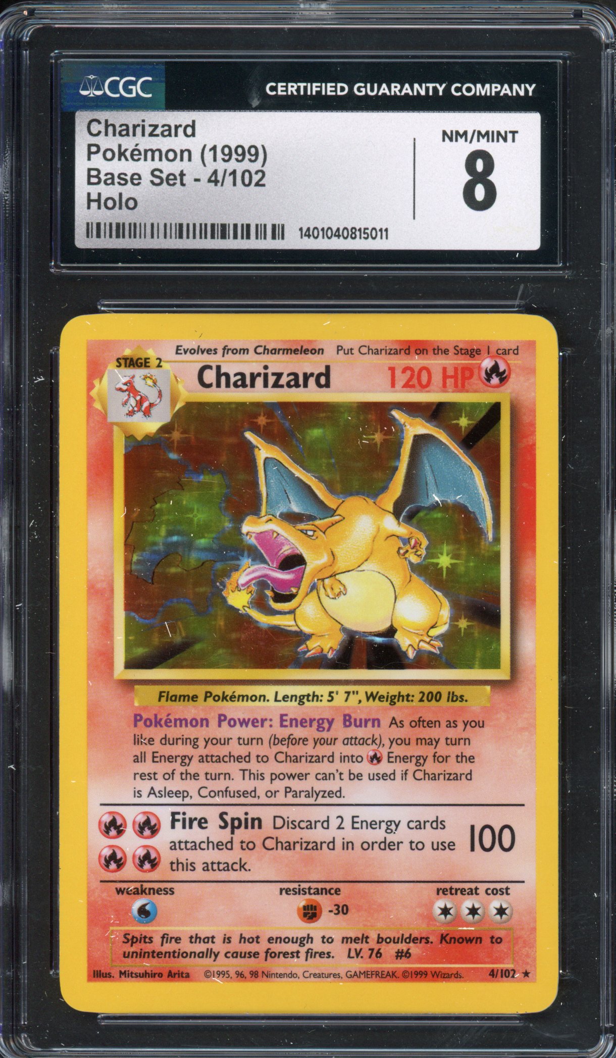 Pokémon TCG - CGC 8 MINT Charizard 1999 Base Set - Unlimited 4/102 Holo