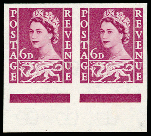 GB 1958 6d Deep Claret (Wales, Cream paper). Superb unmounted o.g bottom marginal horizontal pair of im… SGW3var
