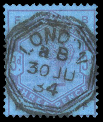 1884 3d Colour trial (BF) printed in purple on deep blue London