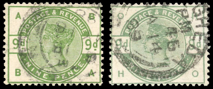 9d Dull green. Two forgeries (BA & HO) on genuine watermarked paper