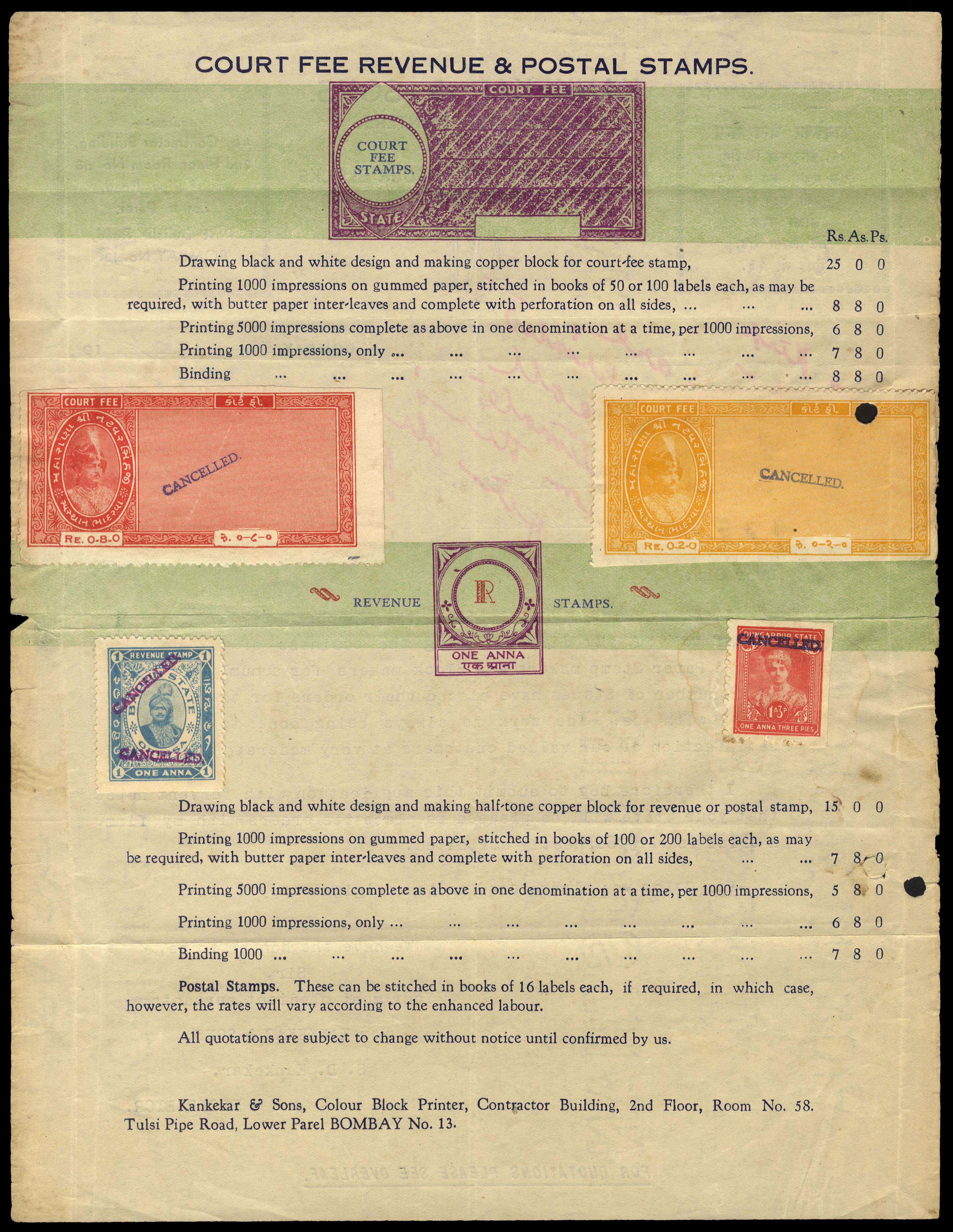 I.F.S Dungarpur 1941 Kankekar Sample sheet SG 12var