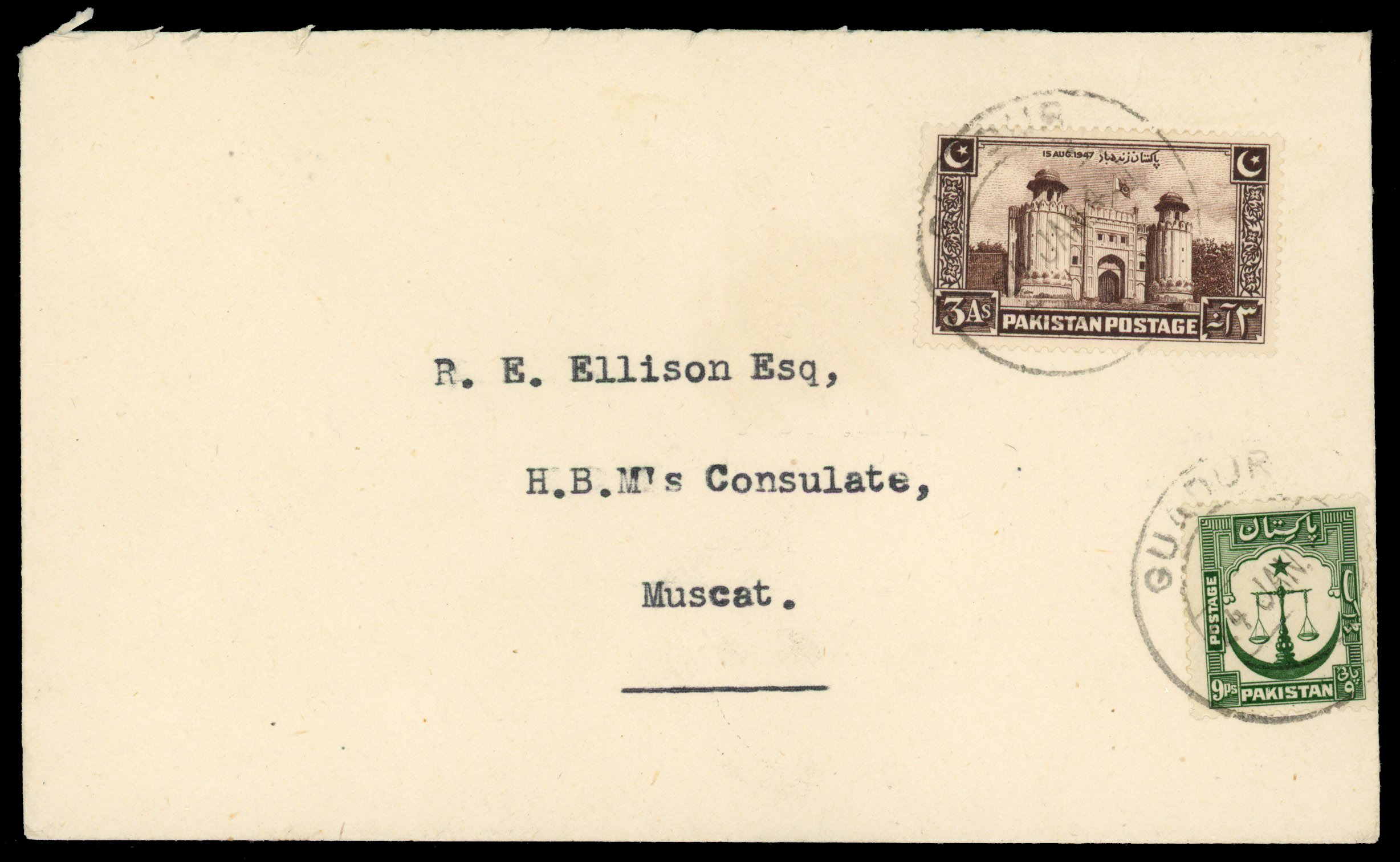 Muscat 1949 cover from Guadur with Pakistan stamps