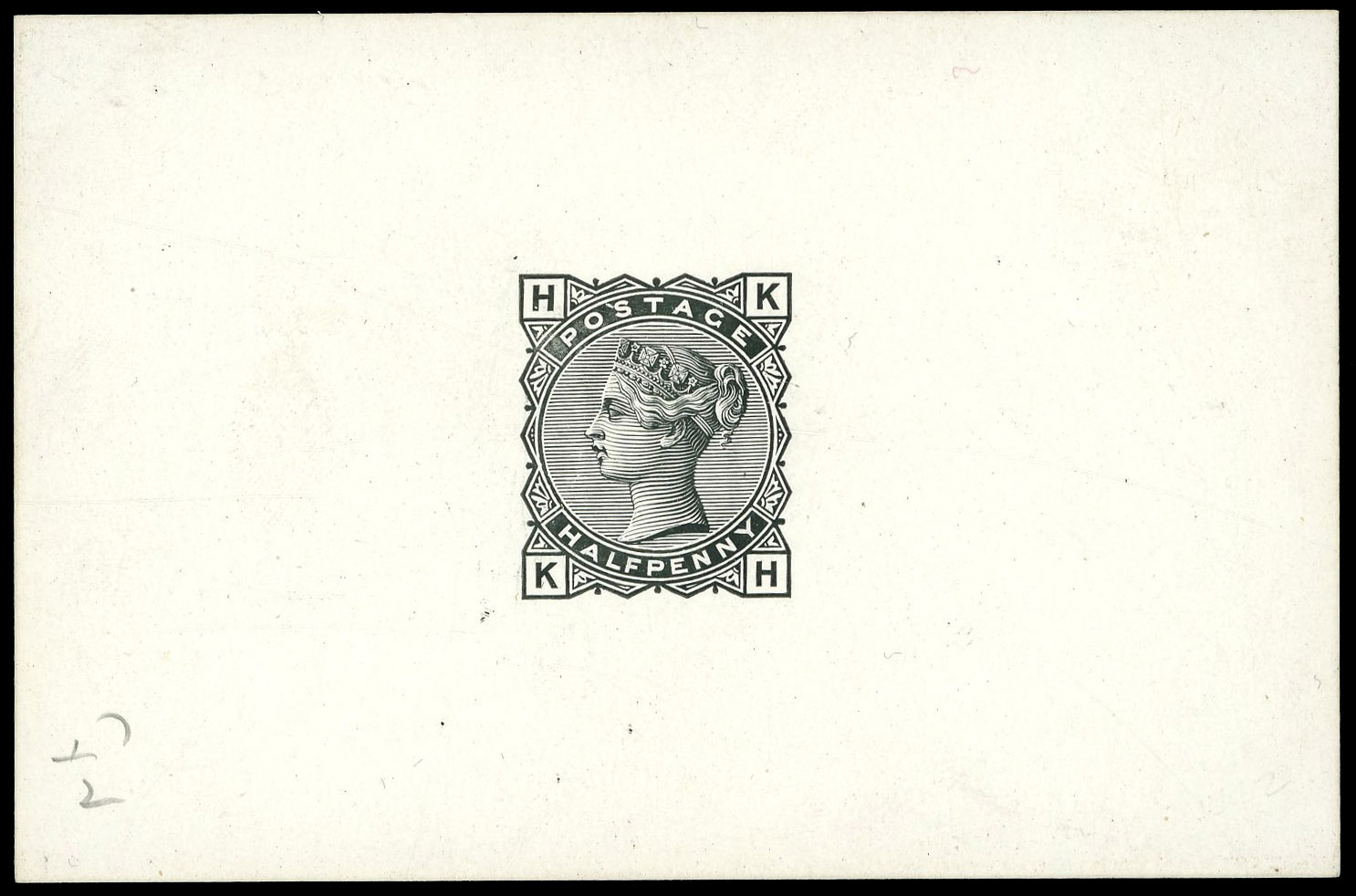 1879 ½d Tender essay die proof. Very fine example with De La rue head type B and frame type 2 lettered KH, printed in bl…