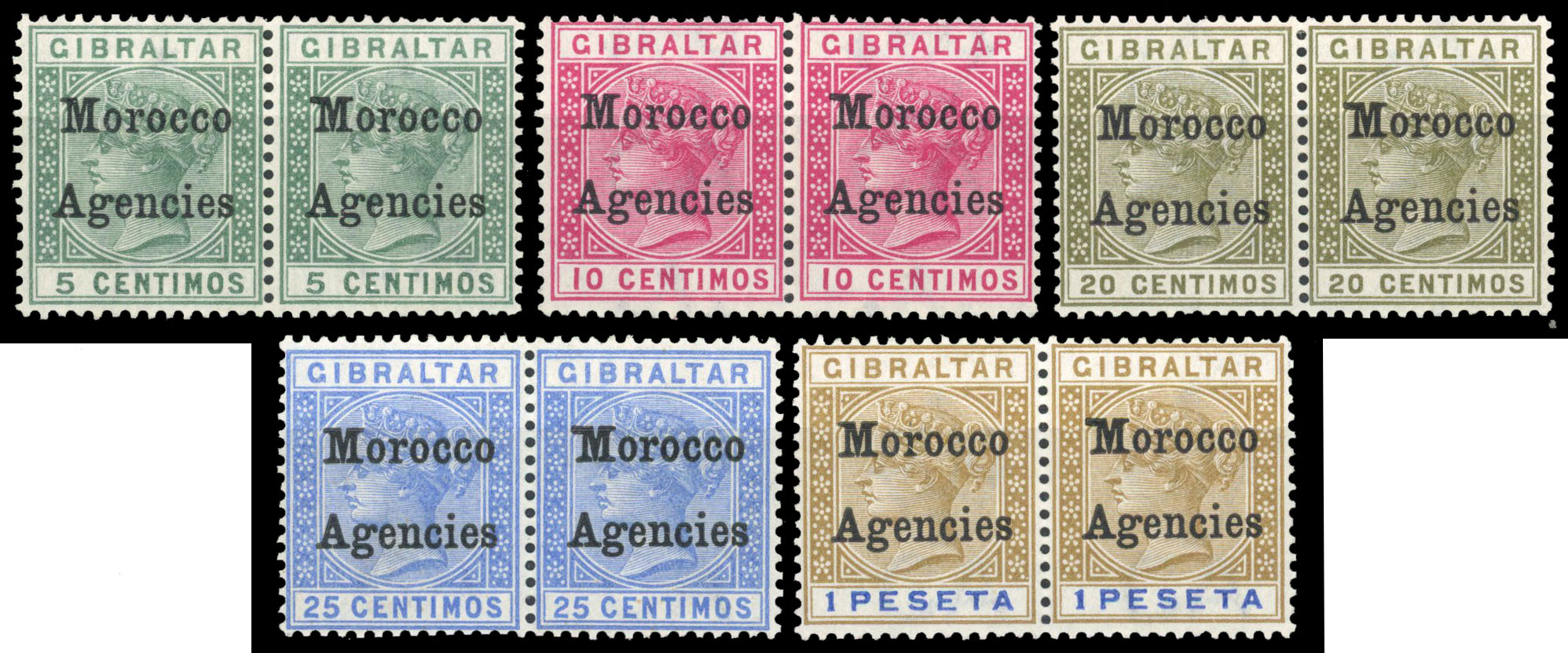 Morocco Agencies 1899 5c, 10c, 20c, 25c, 1p variety Broad top to M