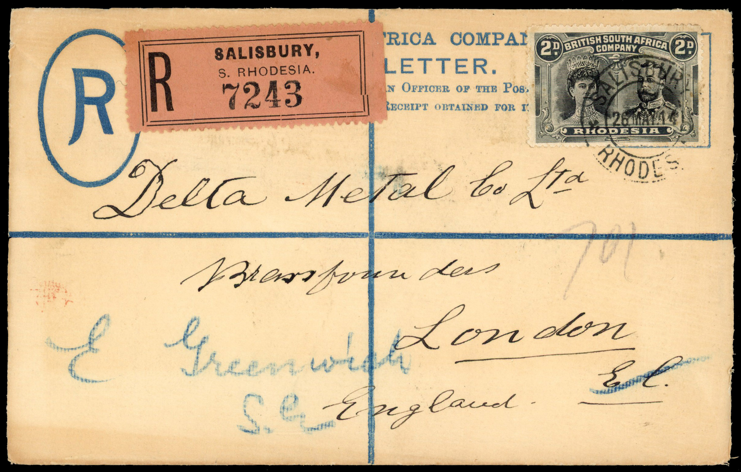 Rhodesia 1914 registered envelope from Salisbury to England