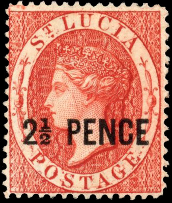 St. Lucia 1881 2½d brown-red, showing major re-entry 0.8mm upwards, SG 24var