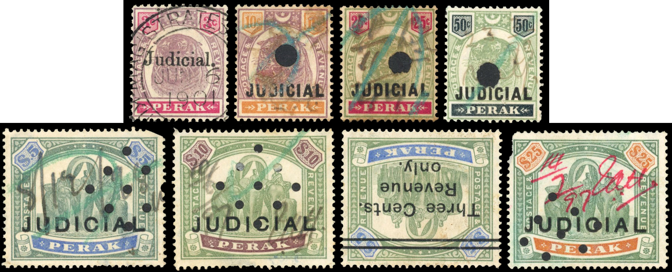 Perak JUDICIAL revenue collection on card 1897-1902 De La Rue opts