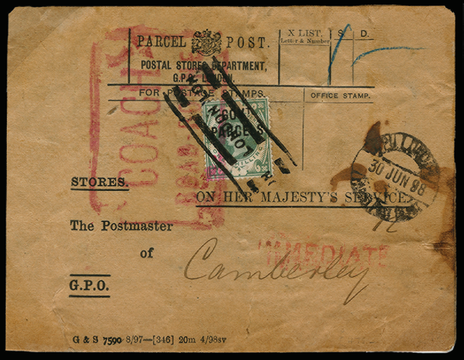 SGO68 1898 1s Dull green (Govt Parc) Complete Parcel label