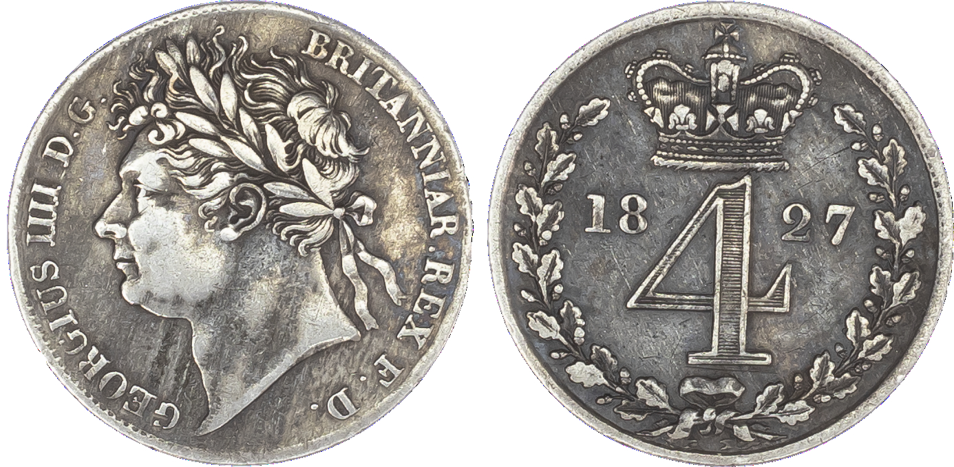 George IV (1820-30), Maundy Set, 1827, Fourpence, Threepence, Twopence, Penny, laureate head left, toothed borders, legend