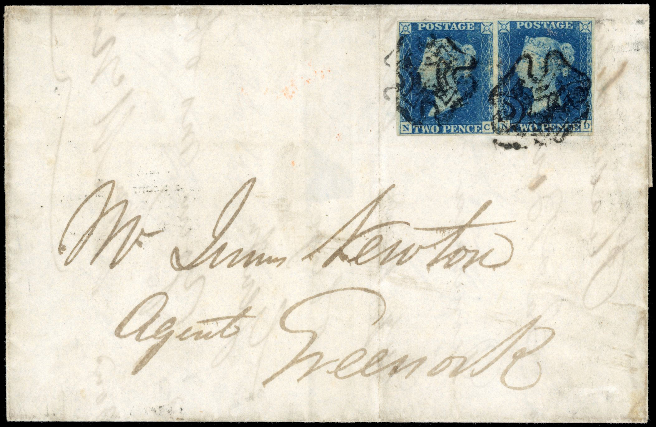 GB: POSTAL HISTORY: 1840 2d pale blue, plate 2 pair (NC-ND), cover to Greenock tied by black Glasgow Maltese crosses
