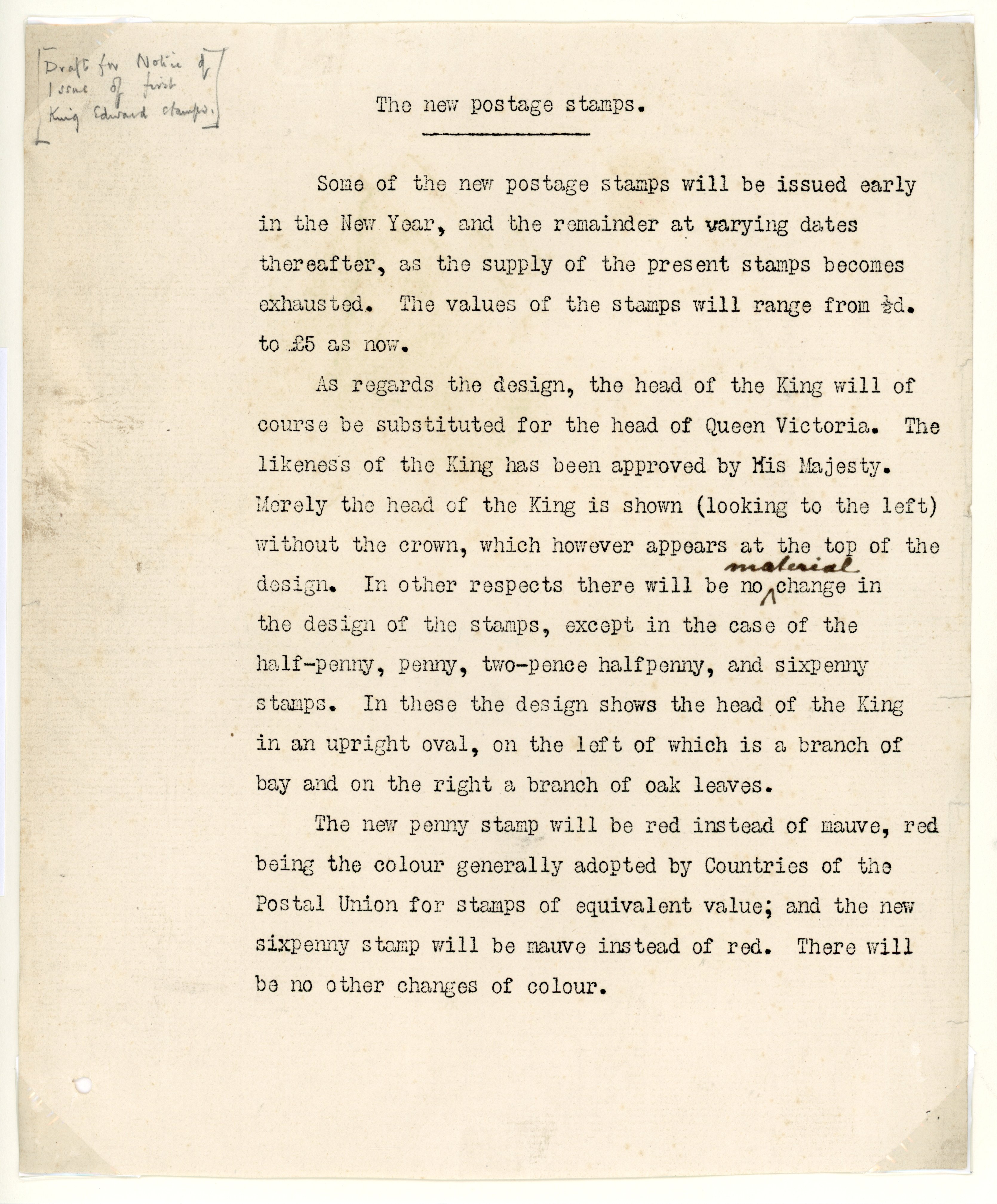 GB 1901 undated draft for a postal notice for the first King Edward VII issues