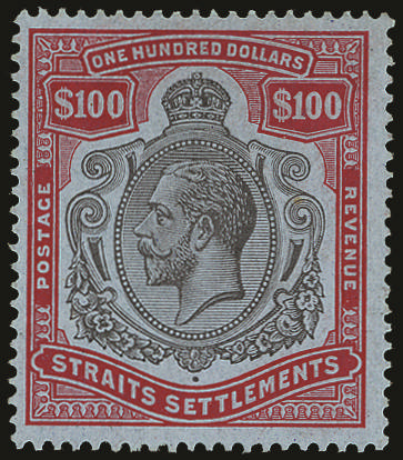 Malaya - Straits Settlements 1912 $100 black and carmine on blue paper watermark MCA SG 214 Mint unmounted o.g.