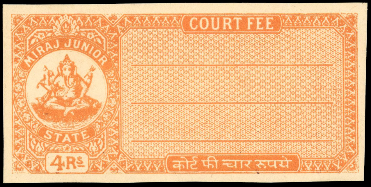 I.F.S Miraj Junior 1940-45 type 5 Court Fee 4r in orange-brown from Indap