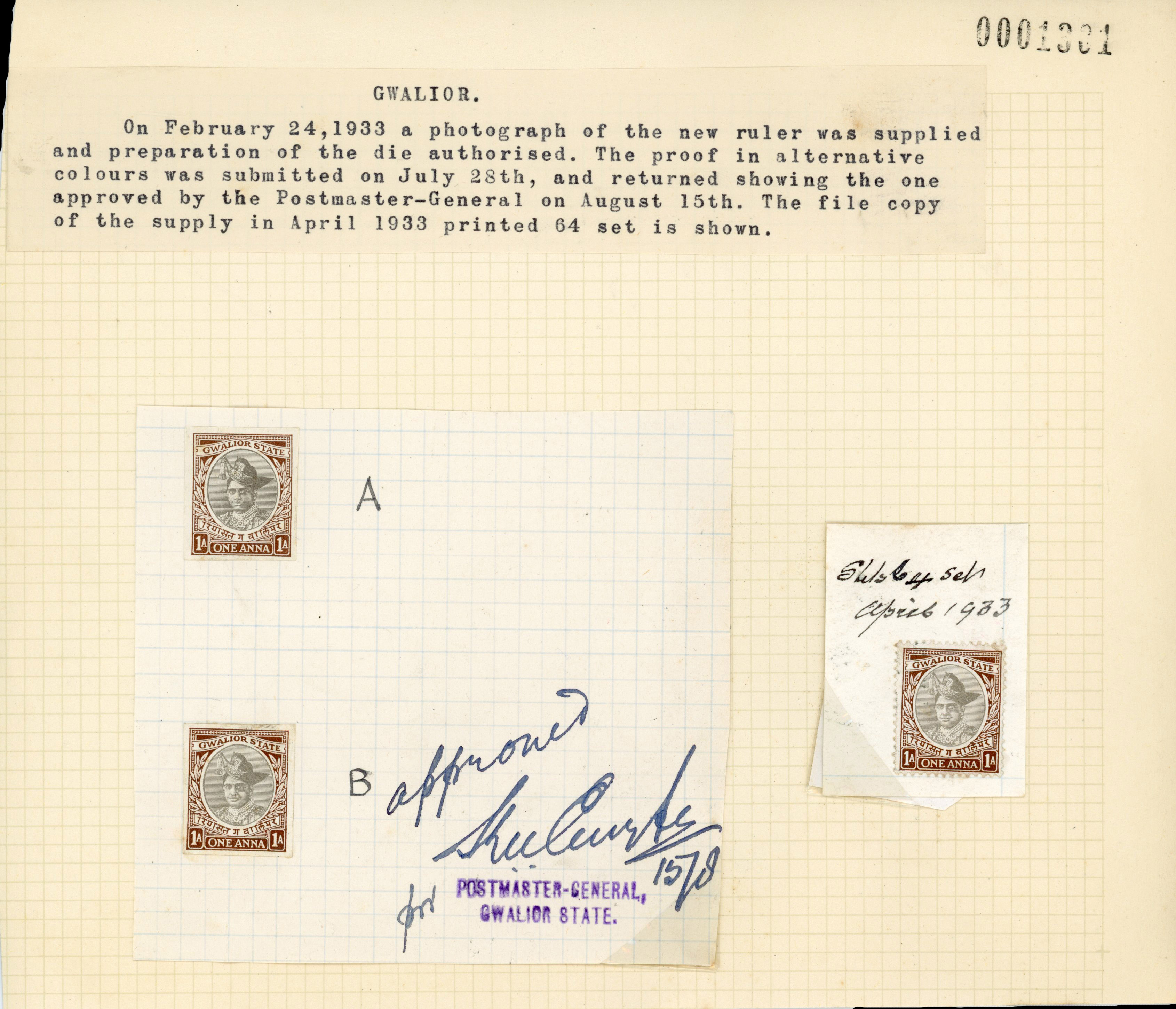 India GWALIOR STATE revenue De La Rue Proofs & File Copy 