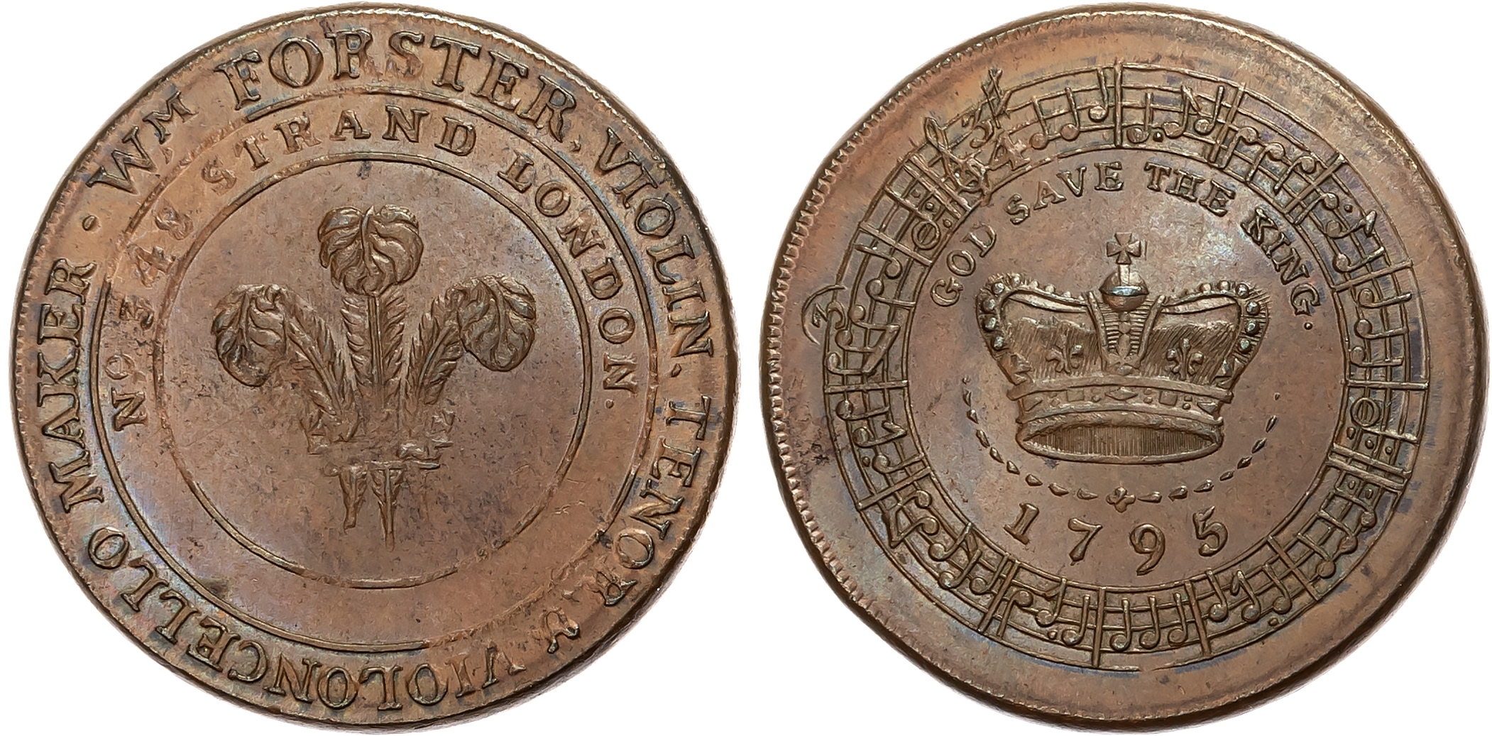 London, Strand , William Forster (cello maker) Halfpenny 1795, A crown with musical notes around ‘God save the King’, re …