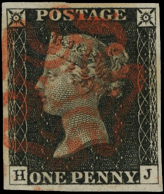 1840 1d black Plate 3 (HJ) with 4 margins and neat red MC, a fine example 