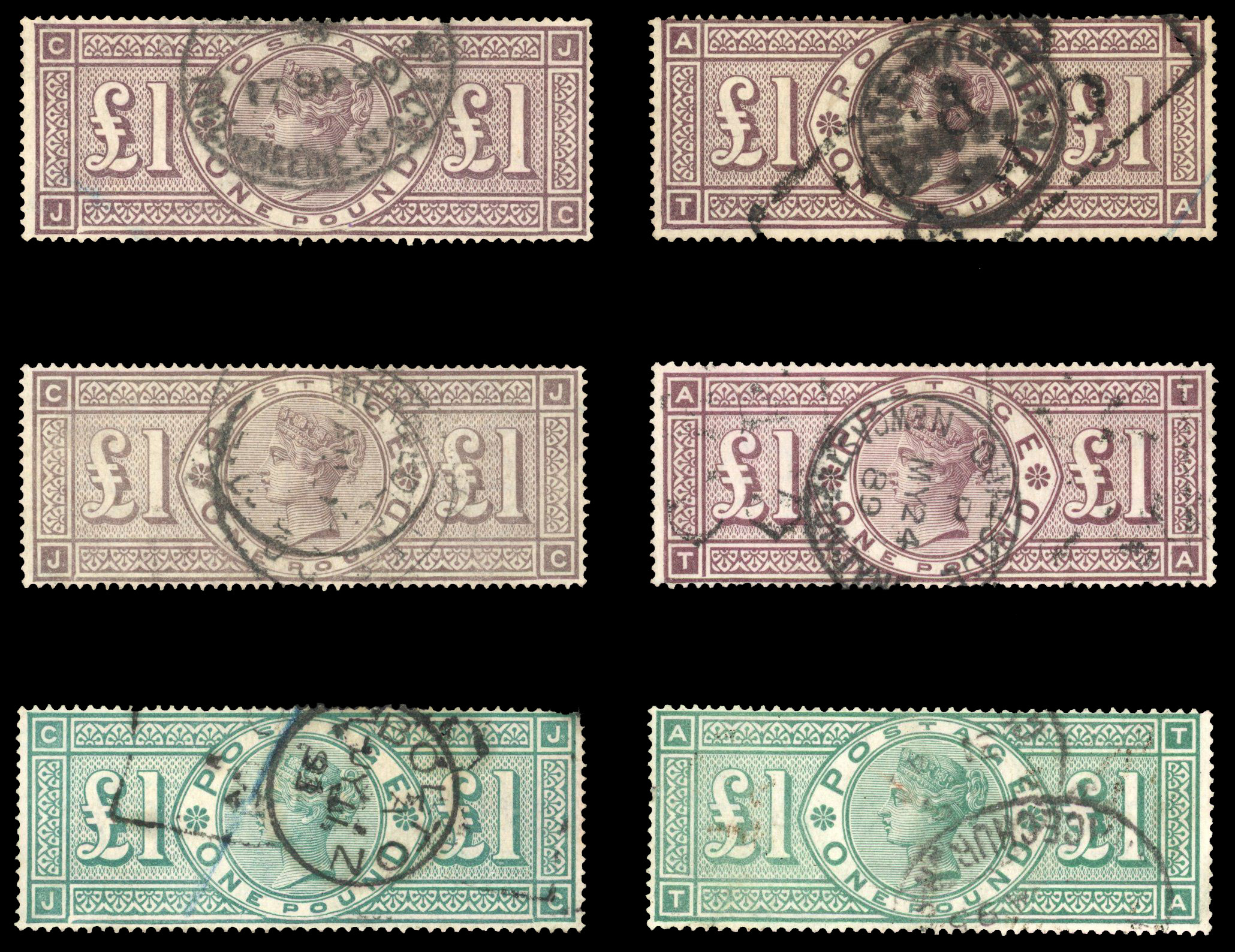 1884 Crowns £1 brown-lilac, 1888 Orbs £1 brown-lilac and 1891 £1 green, one of each type used