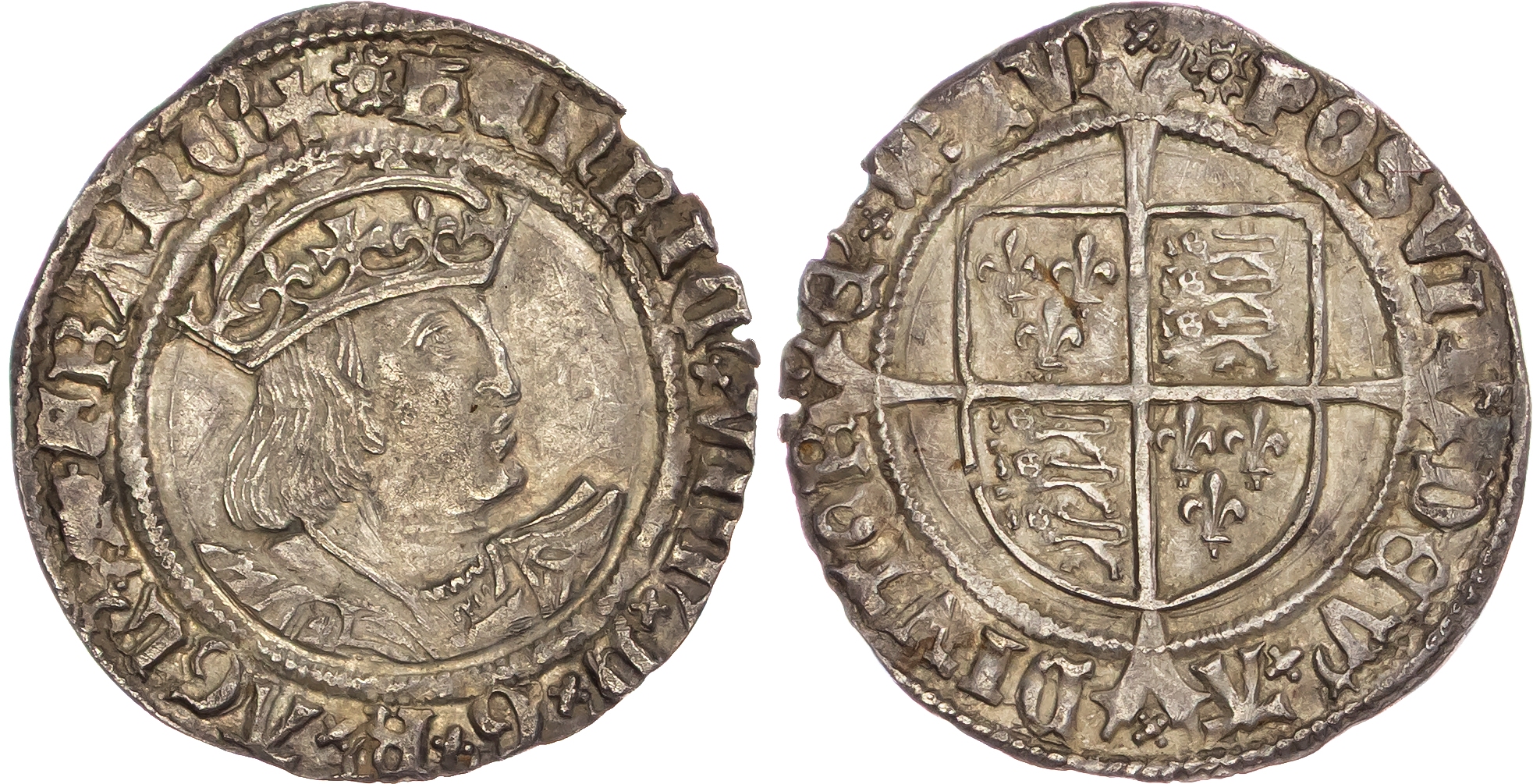 Henry VIII (1509-1547). AR Groat 24.3gm., mm: rose: 1526-27, Second coinage, London.