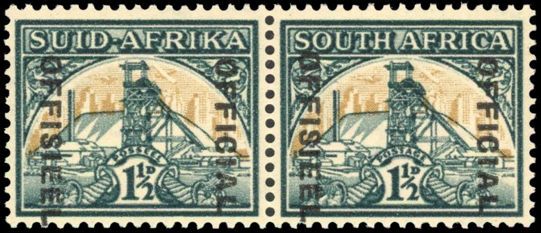 South Africa SG O33a 1944-50 1½d Official pair with diareses mint