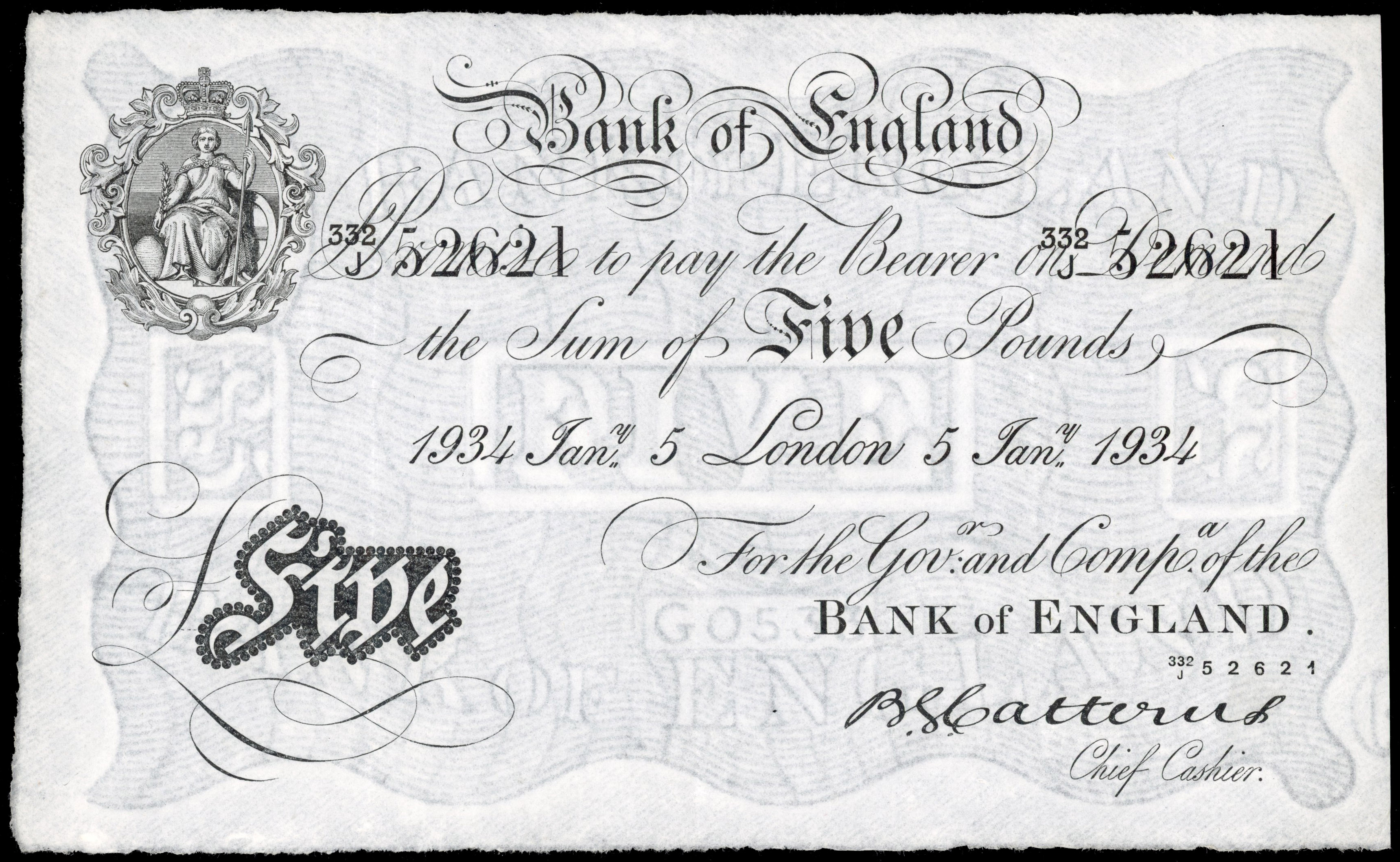Bank of England, E M Catterns, White Five Pounds, London, 5 Jan 1934, 332/J 52621 (Dugg. B228). Traces of seve…