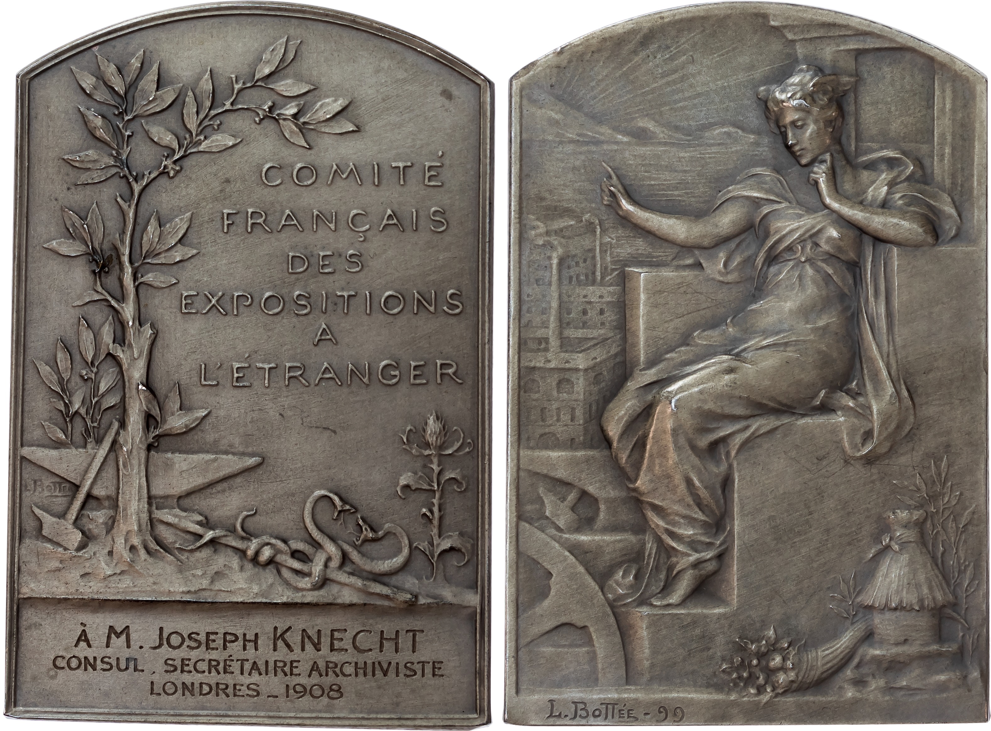 France, Comité Français des Expositions à l'Étranger, silver plaquette (63x42mm/60.86gm) 1908, by L. Bottee.
