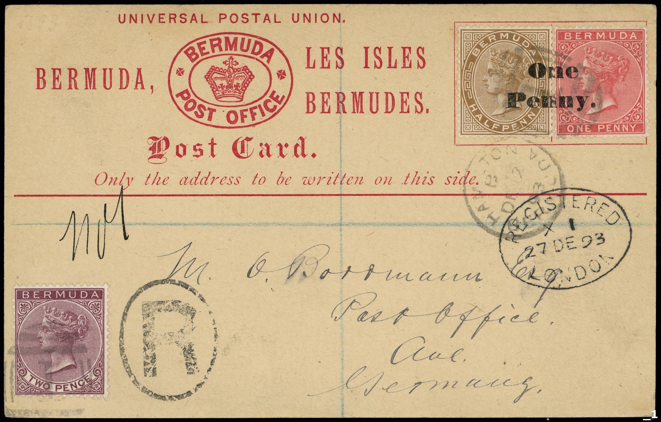 1893 Bermuda 'One Penny' Registered Postcard Registered to Germany