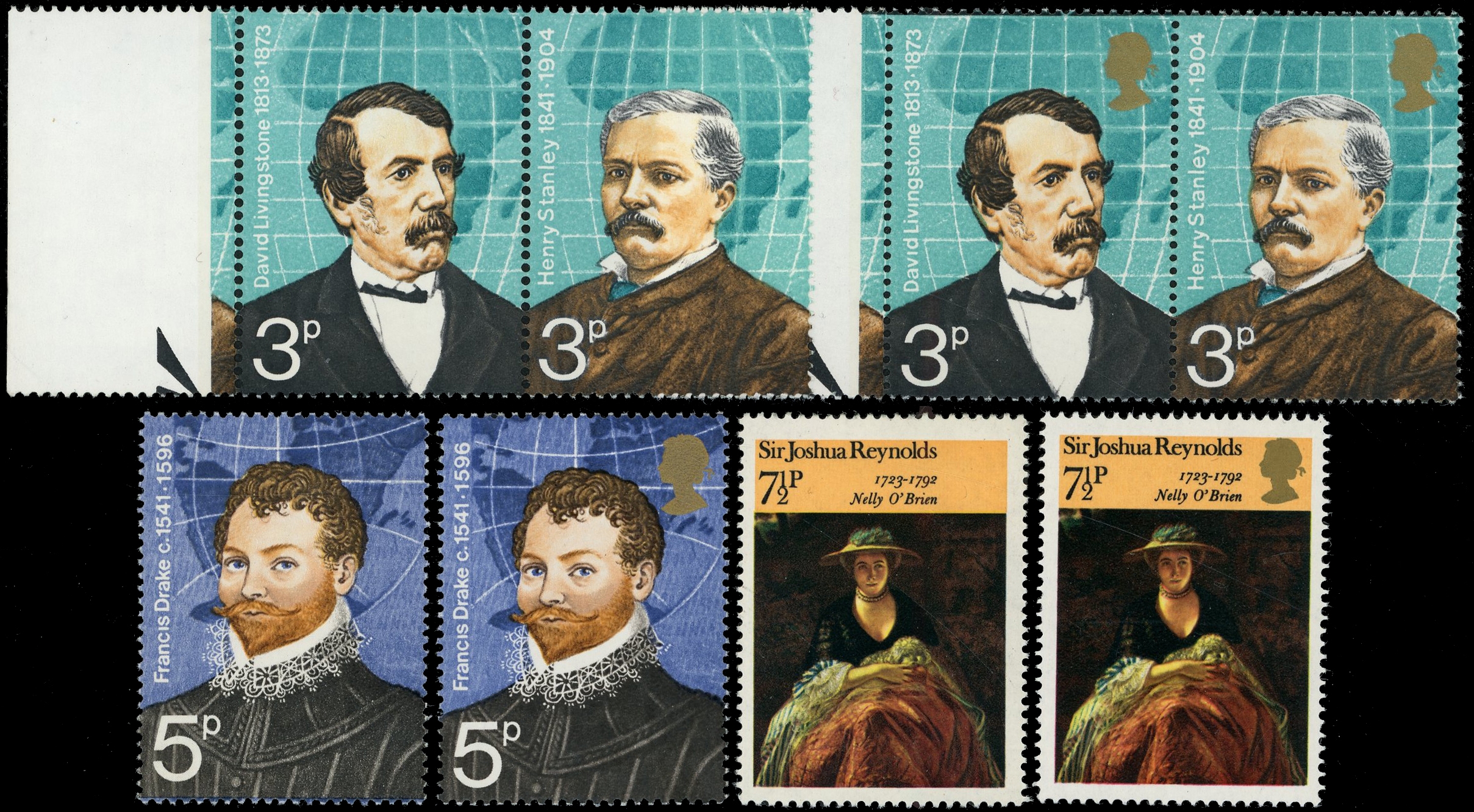 1973 3p & 5p Explorers with Gold Omitted and British Paintings 7½p SG923ab 933a