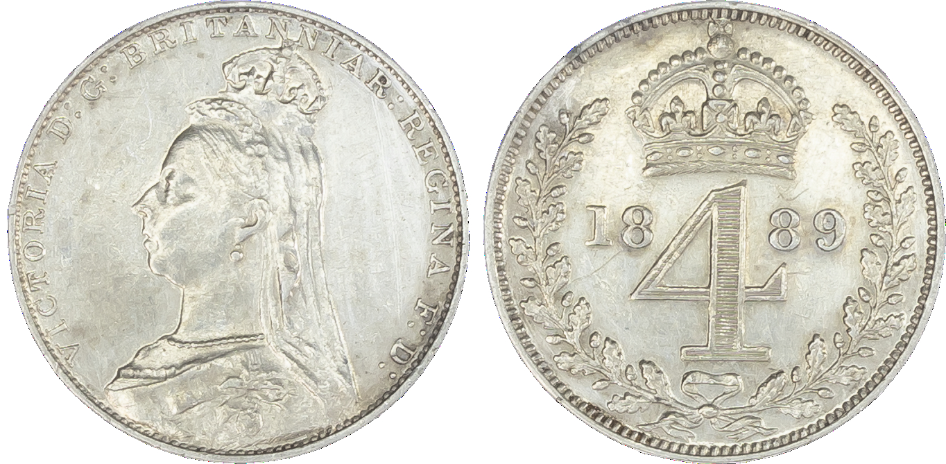 Victoria (1837-1901), Maundy set, 1889, Four, Three, Two and One Penny, each with Jubilee best left, legend and toothed