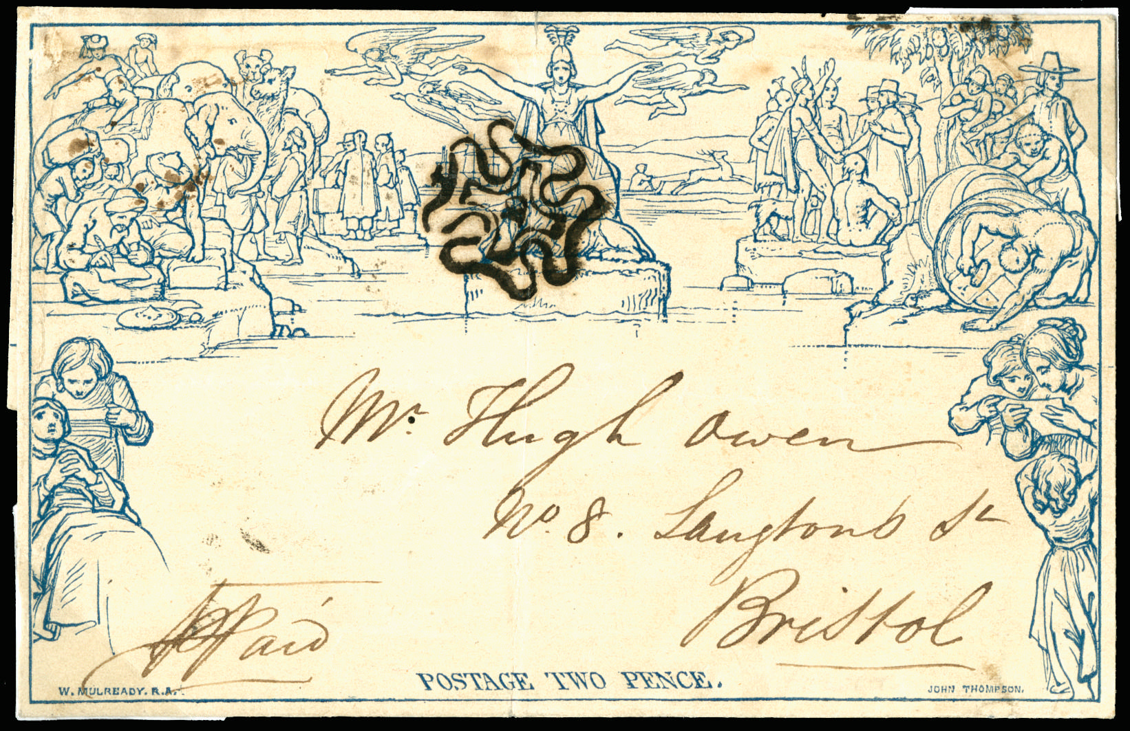 GB 1840 2d Mulready with London '10' in Cross