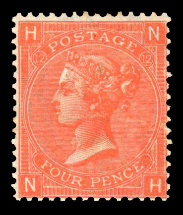 1865-67 4d very deep vermilion, plate 12 (NH), unused with large part og