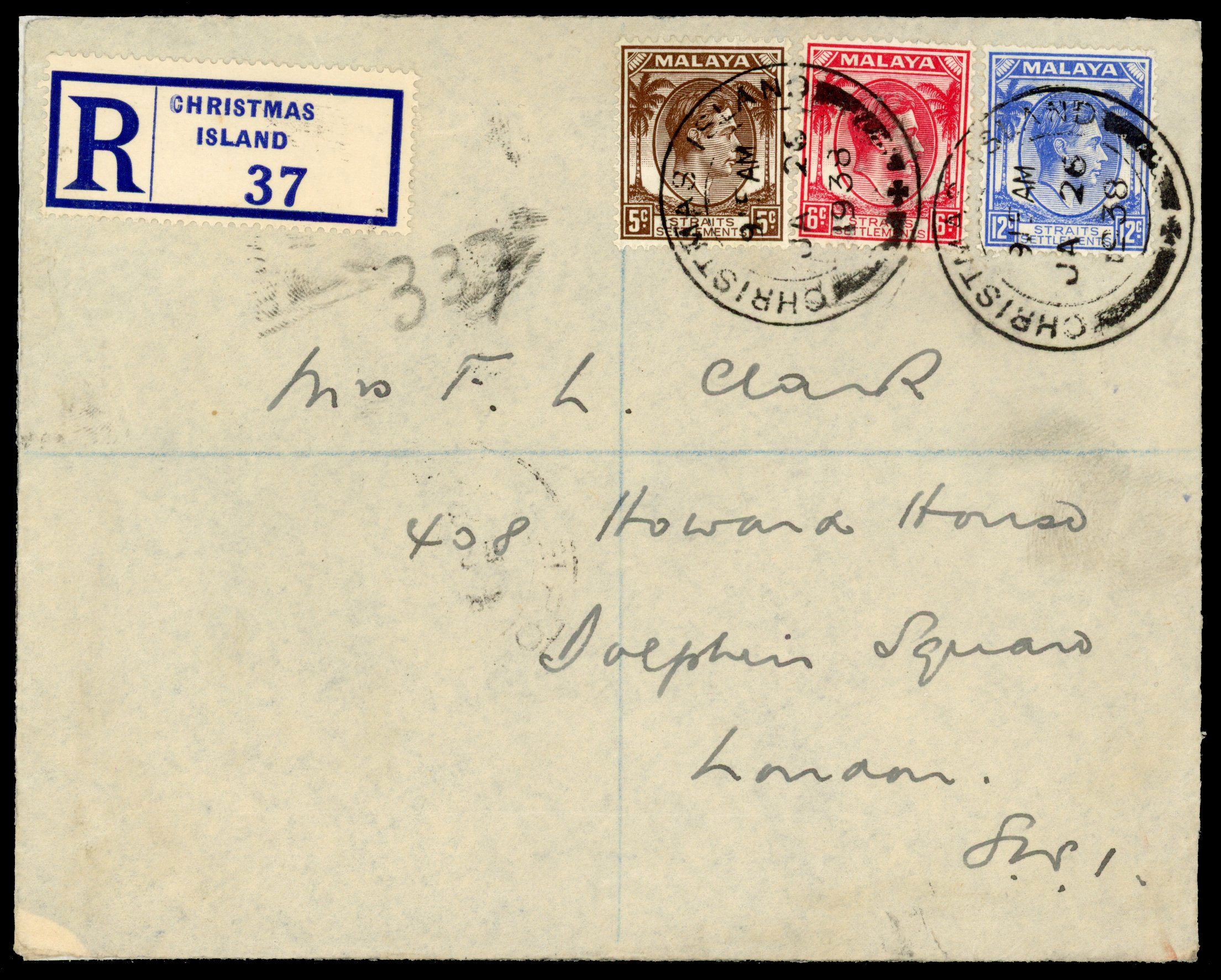 Malaya Straits Settlements used at Christmas Island cover