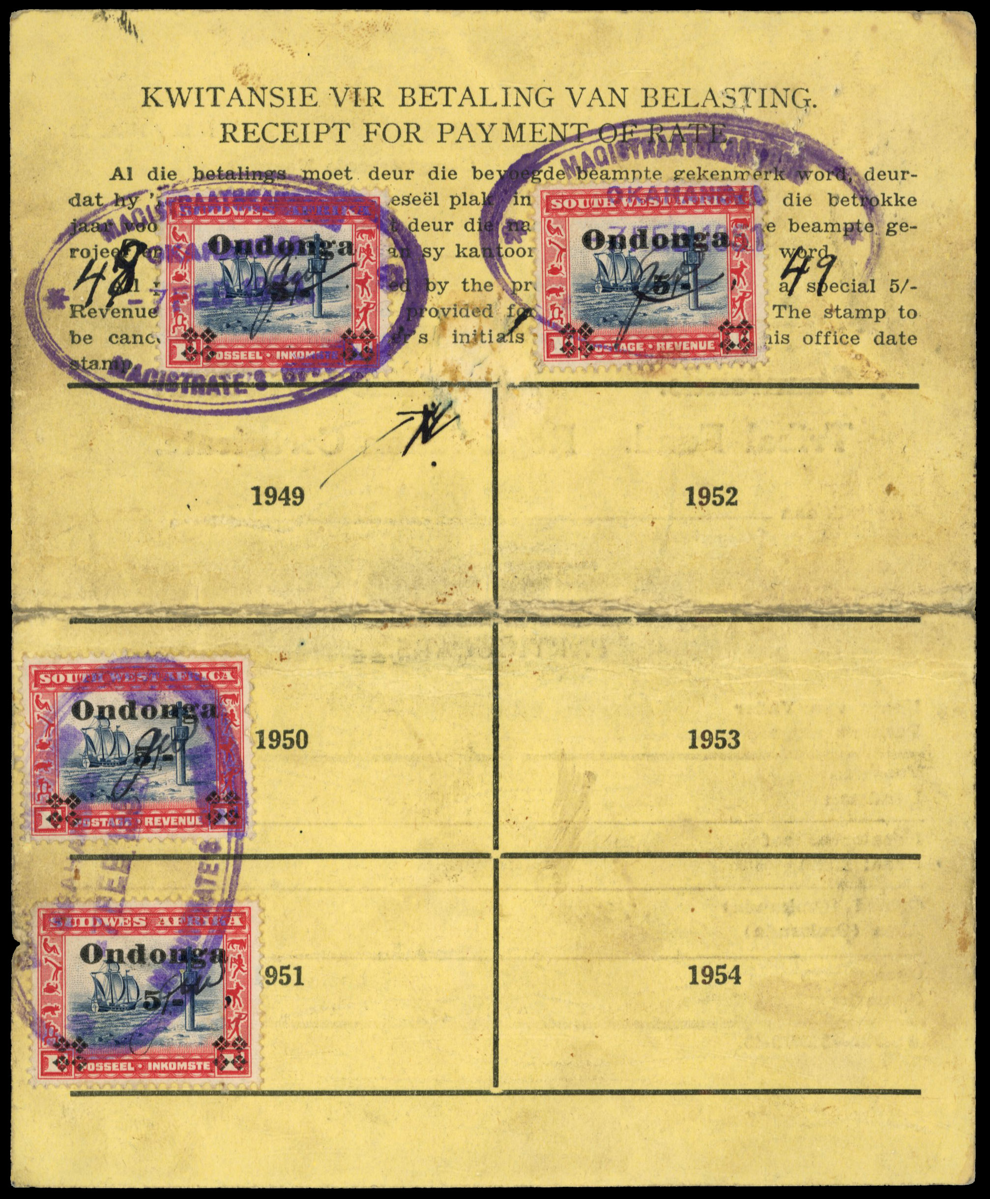 South West Africa. Tribal Taxes; Ondonga. A registration card paying the tax for 1948-1951