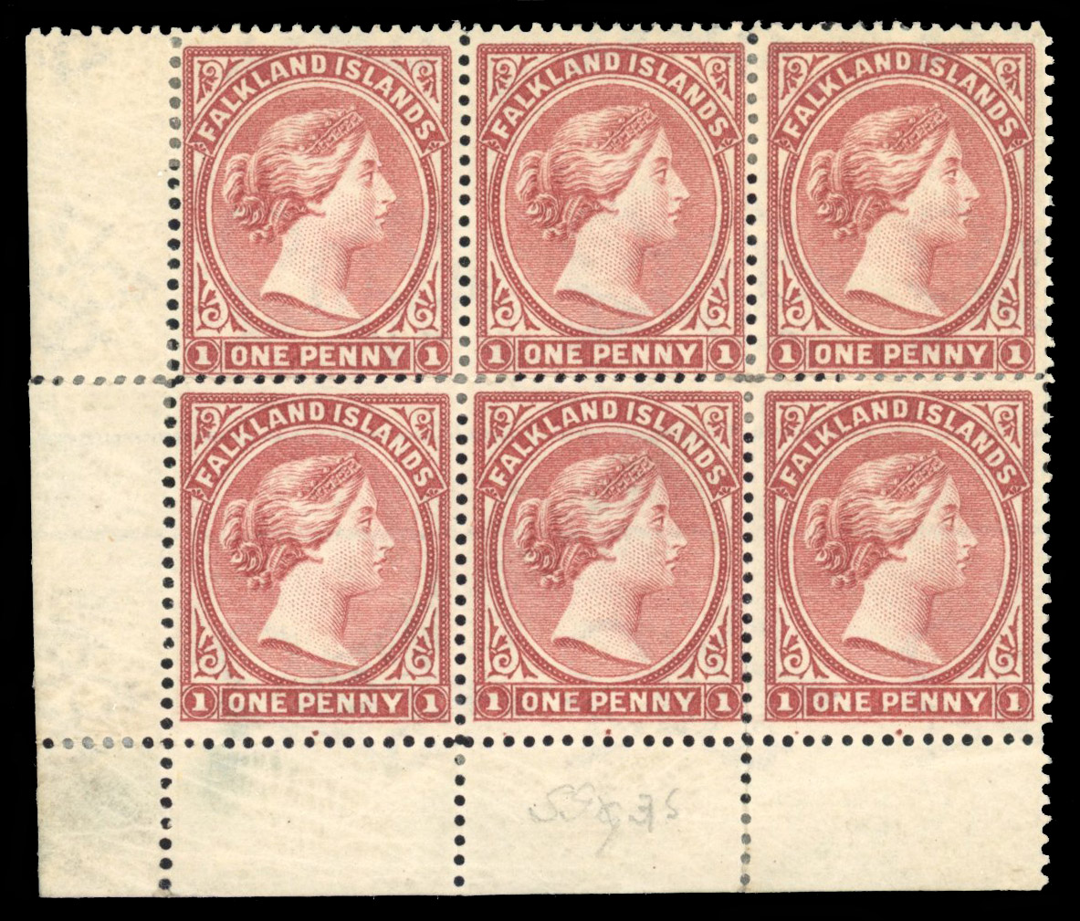 SG 7 1885 1d pale claret block of six mint