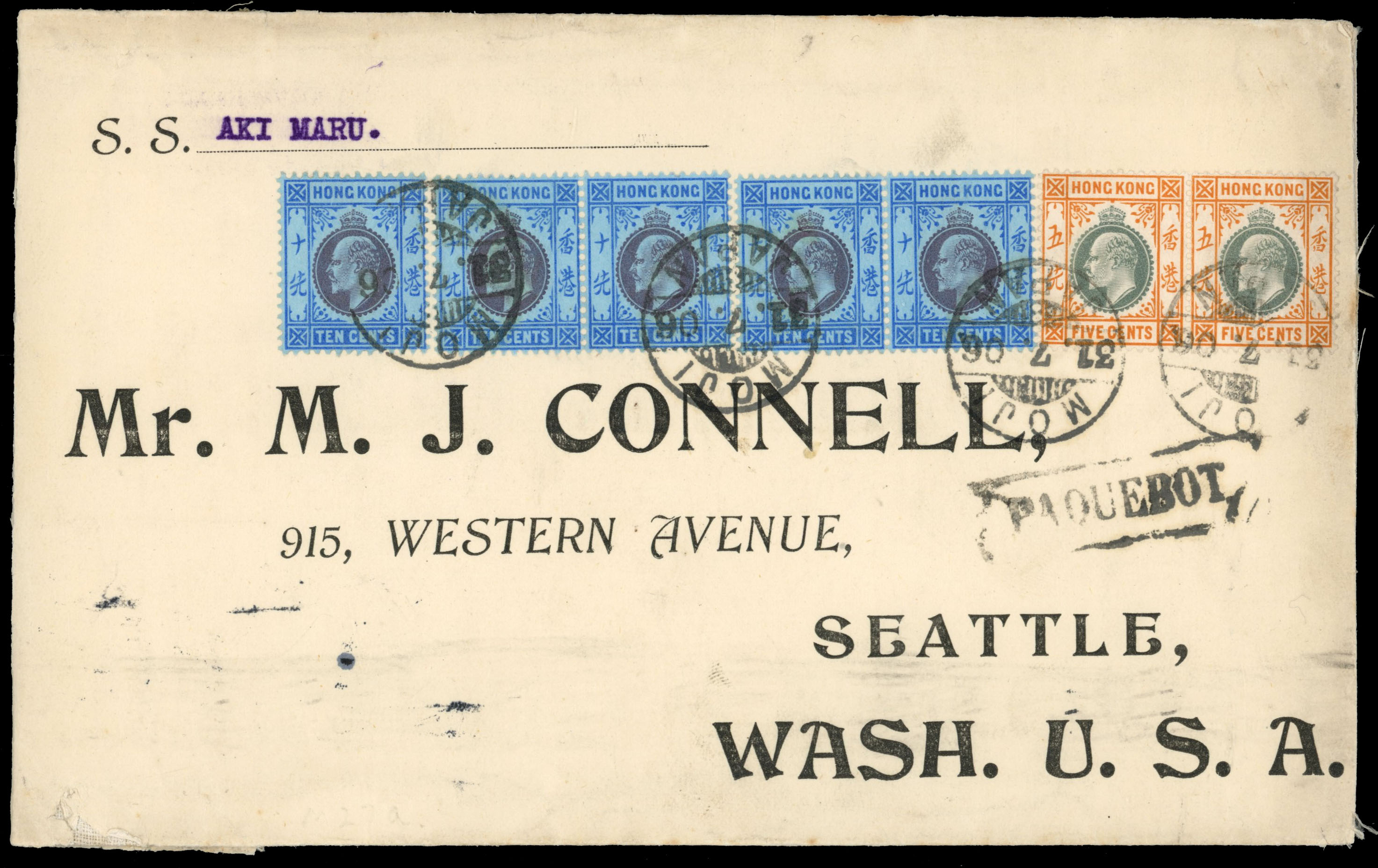 Hong Kong 1906 printed 'M.J. Connell' cover to Seattle, USA, SG 67, 79.