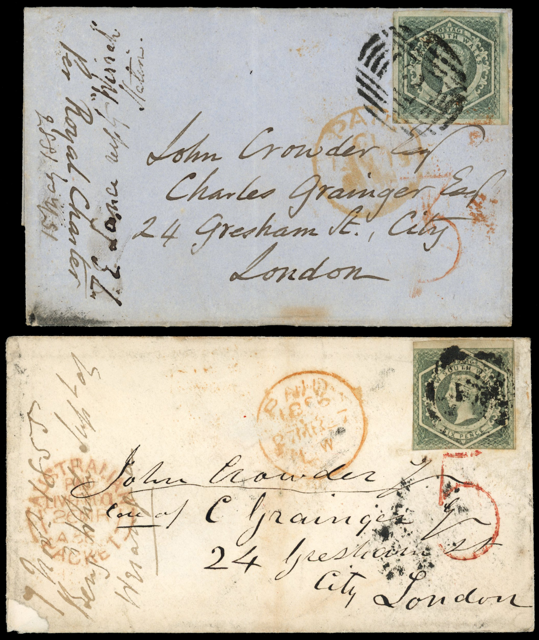NEW SOUTH WALES 1855 and 1856 covers to London  5 and 3 charge h/s